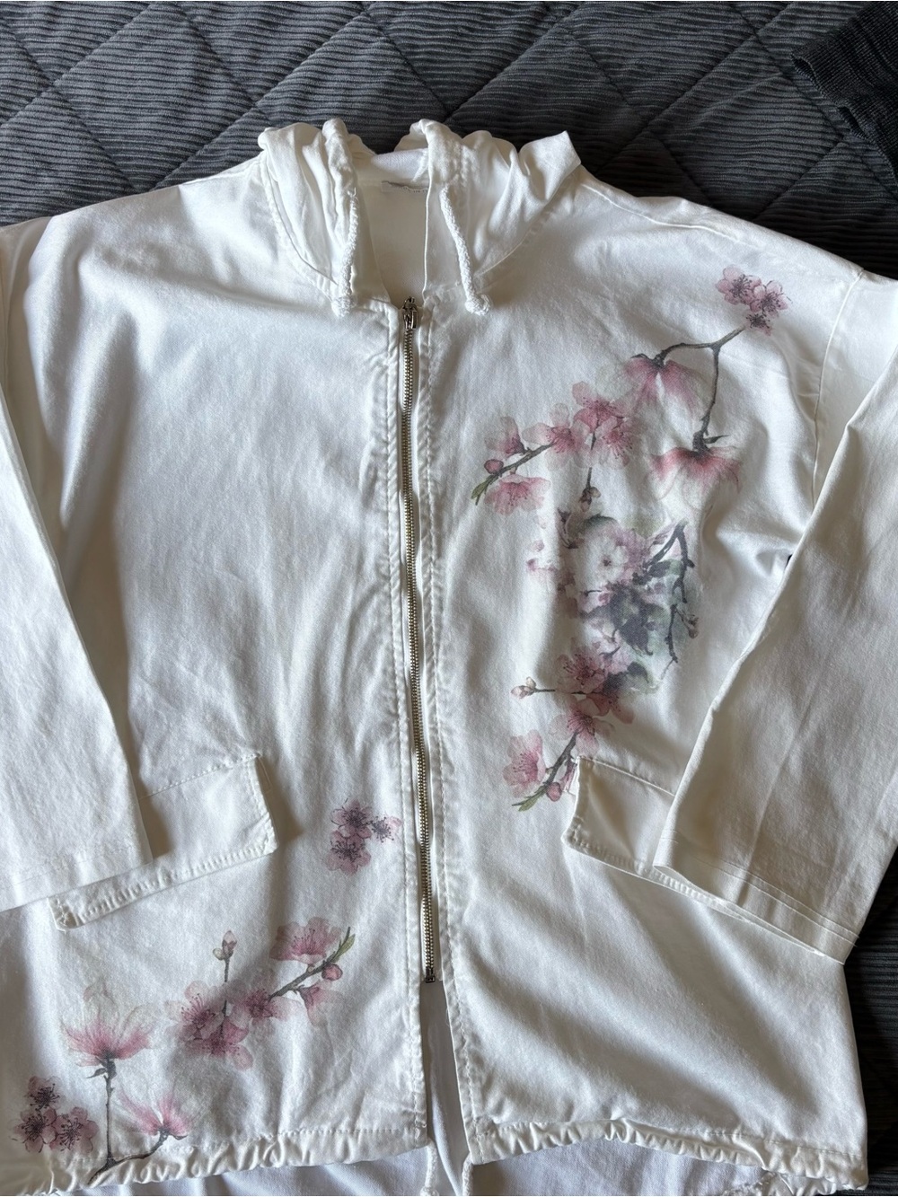 Made in Italy Cherry Blossom Cotton Blend Hooded Jacket White Est L - Picture 12 of 13